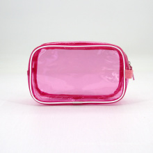 Pink PVC toiletry bag makeup cosmetic bags with pp webbing handle and piping